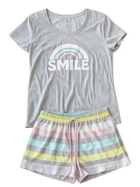 SO Intimates Smile Rainbow Pajama Set Gray Tee & Pastel Stripe Shorts Size Small